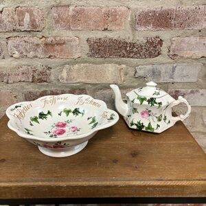 Crownford giftware wedding bowl and teapot roses and ivy England